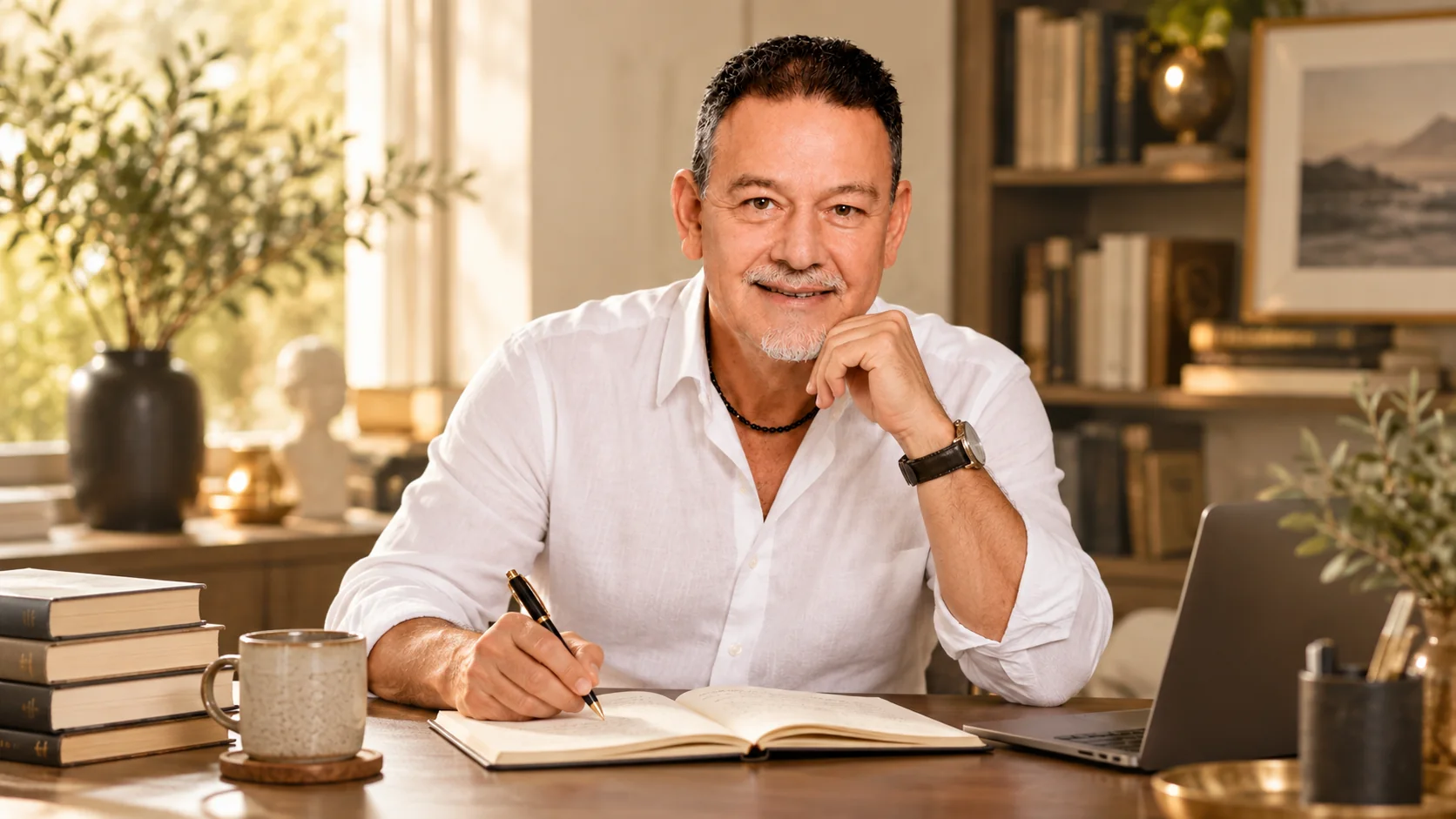 Manfred Kühl als Autor an seinem Schreibtisch mit einem aufgeschlagenen Notizbuch.